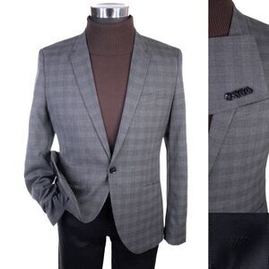 H&M Sport Coat Jacket Gray Plaid Sz 40R Casual Jacket Two Button Poly Blend EUC